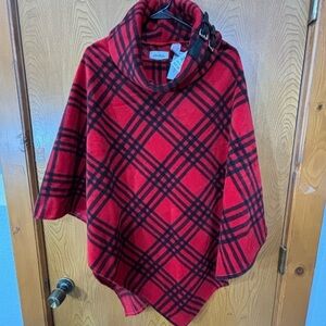 Red Plaid Cowl Neck Poncho by Le Moda